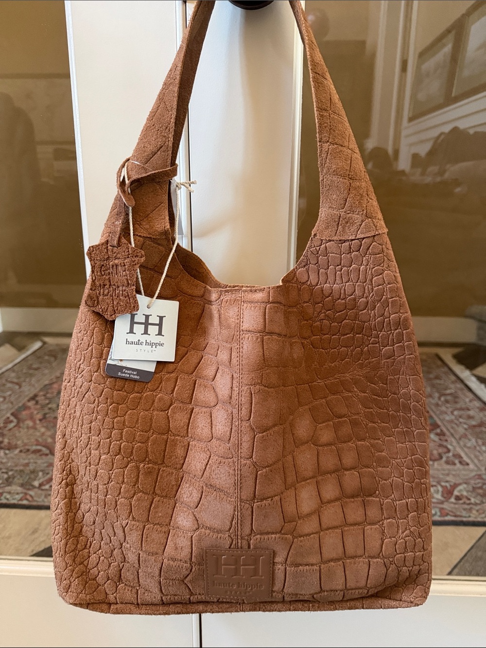 Haute Hippie Festival Genuine Suede Hobo Bag—Crocodile Embossed Brown Tan